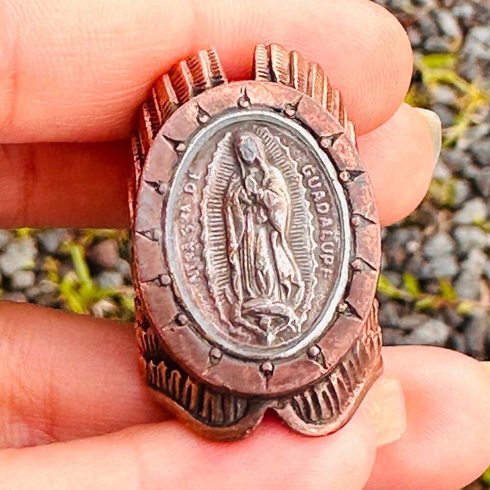 Virgin Mary Guadalupe Pitango Ring Copper with Silver Coin & Wings
